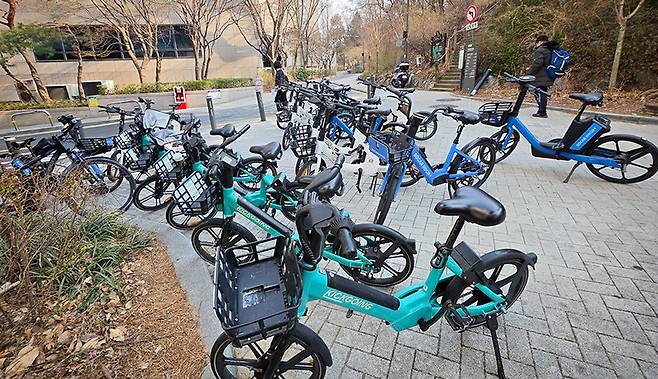 민간 업체가 운영하는 공유 전기자전거가 서울 시내 인도에 주차돼 통행 불편을 호소하는 시민들이 늘고 있다. 서울 서초구 제공