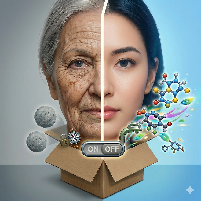 건국대 조쌍구 교수팀이 개발한 신물질 'AC-4067'이 줄기세포의 '노화 스위치(DDR1)'를 꺼서 젊음을 되찾는 모습을 시각화했다. 늙은 피부(왼쪽)가 분자 열쇠로 스위치를 'OFF'로 전환하자 생기 넘치는 피부(오른쪽)로 회춘하며 멈췄던 재생 능력이 다시 활성화되는 상징적인 장면이다. (그래픽=제미나이 생성)