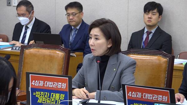 ▲나경원 국민의힘 의원이 11일 오후 국회 법사위 전체회의에서 재판소원제 강행 처리 절차를 두고 범죄자 대통령 재판뒤집기라 쓰인 팻말 붙인 채 헌법재판소법 개정안 상정을 철회하라고 촉구하고 있다. 사진=미디어오늘 영상 갈무리