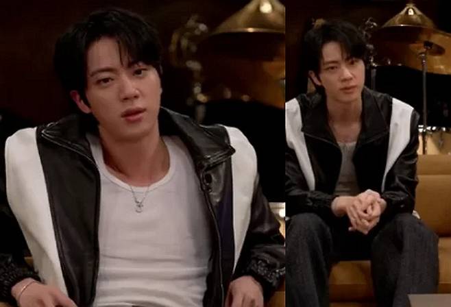 그룹 방탄소년단(BTS) 진. 지난 30일 진행된 완전체 라이브 방송 도중 신보 크레딧에 진의 이름이 제외된 것이 알려지자 팬덤이 발칵 뒤집혔다. /사진=위버스 갈무리