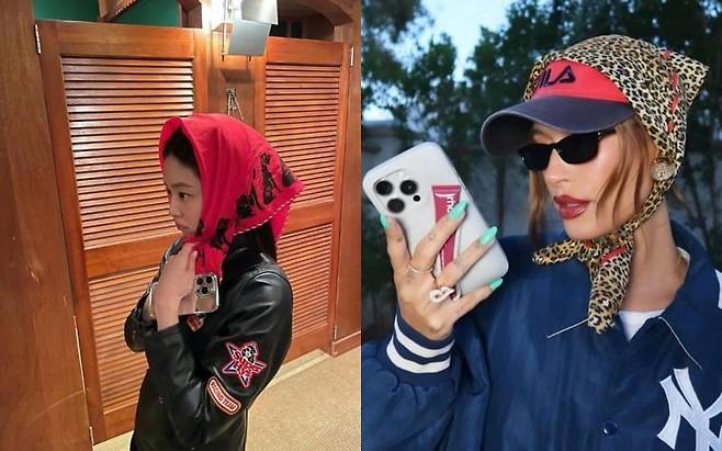 셀럽들의 스카프 코디. 왼쪽은 제니, 오른쪽은 헤일리 비버. ⓒ인스타그램 캡처