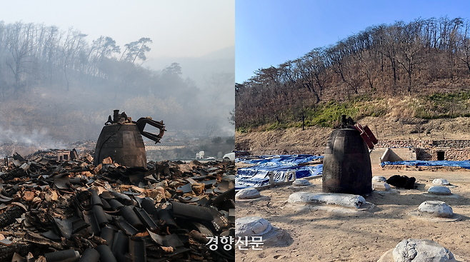 경북 의성군 고운사의 지난해 3월26일(왼쪽) 화재 당시 모습과 지난 17일(오른쪽) 자연복원이 진행된 모습. 성동훈·백경열 기자
