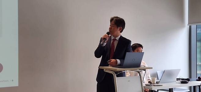 네오이뮨텍이 27일 경기 성남시에서 기업설명회를 열었다. 사진은 김태우 CFO. / 사진=최성근 기자