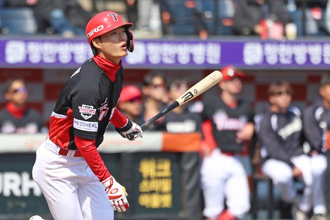 KIA 박민이 20일 대전 한화생명 볼파크에서 열린 2026 KBO리그 시범경기 한화와 경기에서 1타점 적시타를 치고 있다. 사진 | KIA 타이거즈