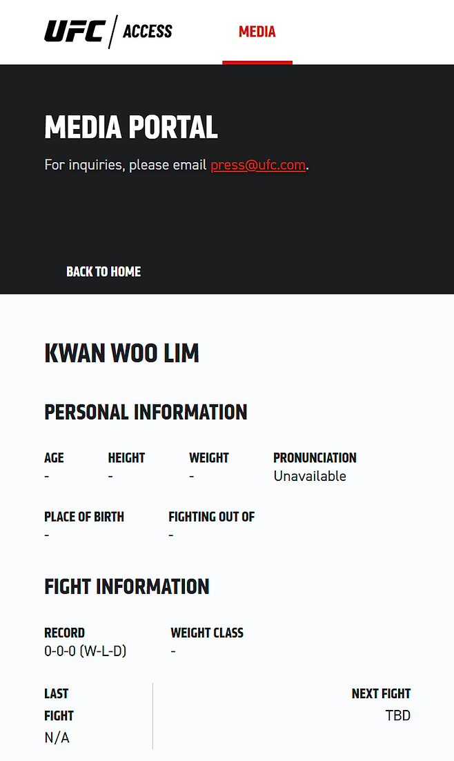 UFC가 2026년 3월 미디어 포털 선수 자료에 대한민국 종합격투기 파이터 임관우를 추가했다. 임관우는 아시아 인재 발굴 프로젝트 Road to UFC 시즌5에 참가한다. 사진=TKO