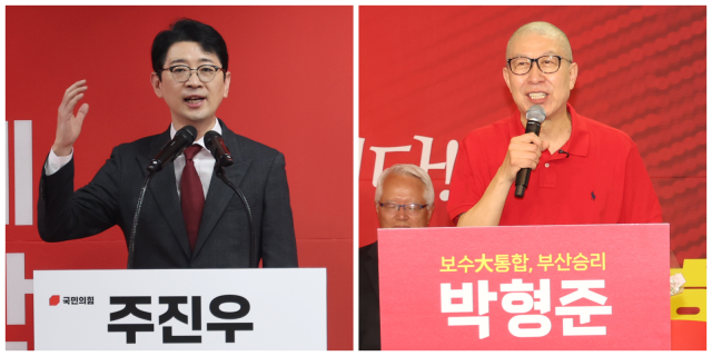 지난 28일 부산 연제구 연산동에서 열린 주진우 부산시장 경선 사무소 개소식에서 주진우 의원이 인사를 하고 있다(왼쪽). 같은 날 부산 부산진구 부전동에서 열린 박형준 경선 사무소 개소식에서 박형준 시장이 인사말을 하고 있다. 이재찬 기자 chan@