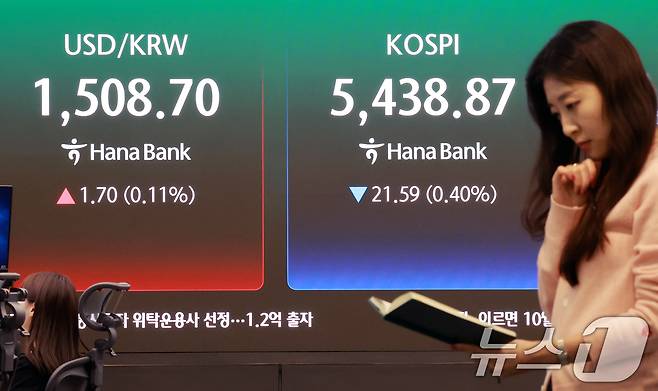 27일 서울 중구 하나은행 본점 딜링룸 전광판에 종가가 표시되고 있다. 2026.3.27 ⓒ 뉴스1 이호윤 기자