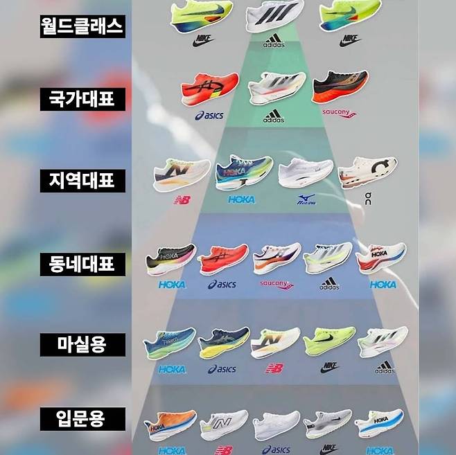 러닝 붐이 일면서 MZ세대를 중심으로 회자된 러닝화 계급도 중 하나. '월드클래스' '마실용' 등으로 나뉘어있다. 고성능-고가일수록 꼭대기에 있지만, 실제 개인별 특성이나 필요에 따른 성능과는 무관하다는 평가가 많다. /인터넷 커뮤니티