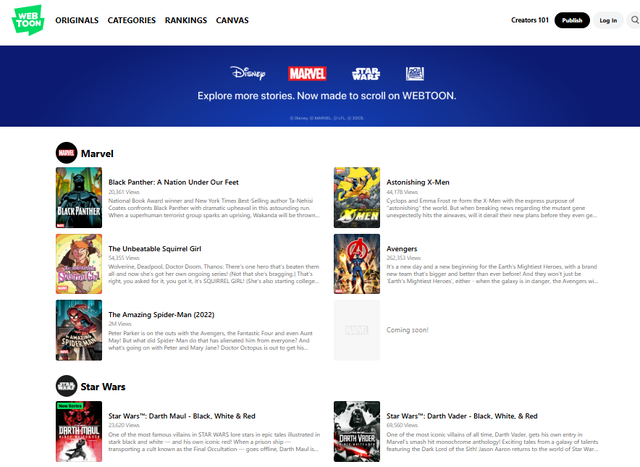 네이버웹툰 영어 서비스에 어벤저스, 스타워즈 등이 연재되고 있다. 홈페이지 캡처