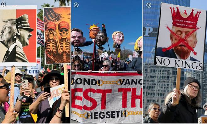 28일(현지시간) 미국 전역에서 도널드 트럼프 미국 대통령에 반대하는 ‘노 킹스’(No Kings·왕은 없다) 시위에 주최 측 추산 800만명에 달하는 시민들이 몰려들었다. 이날 시위대는 ①트럼프 대통령을 독재자 아돌프 히틀러에 비유해 비판하거나, ②트럼프 대통령·J D 밴스 미국 부통령 등 미 행정부 인사들을 체포하라고 촉구했다. ③일리노이주 시카고에서는 랜드마크인 ‘트럼프 인터내셔널 호텔 앤드 타워’ 앞에서 트럼프 대통령을 규탄했다. 로스앤젤레스·워싱턴·시카고=UPI·AP·로이터연합
