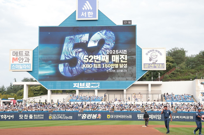 지난 23일 삼성 라이온즈 누적 관중이 156만9천212명을 기록했다. 사진은 지난 14일 KBO리그 최초 150만 달성 전광판 모습. <삼성 라이온즈 제공>