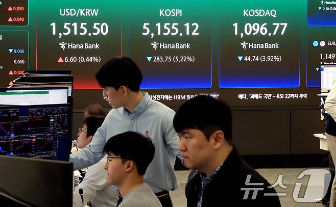 30일 서울 중구 하나은행 딜링룸 전광판에 증시 시황이 표시되고 있다. 2026.3.30 ⓒ 뉴스1 이호윤 기자