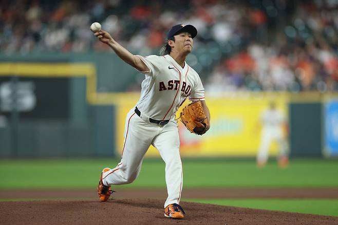 HOUSTON, TEXAS - MARCH 29: Tatsuya Imai #45 of the Houston Astros pitches in the first inning of his MLB debut against the Los Angeles Angels at Daikin Park on March 29, 2026 in Houston, Texas. Tim Warner/Getty Images/AFP (Photo by Tim Warner / GETTY IMAGES NORTH AMERICA / Getty Images via AFP)
<저작권자(c) 연합뉴스, 무단 전재-재배포, AI 학습 및 활용 금지>