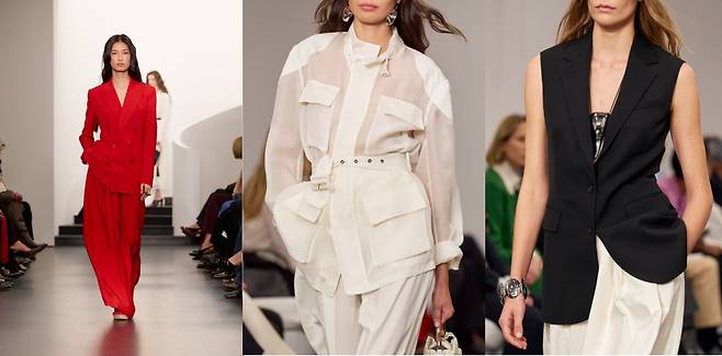 레드·블랙·화이트 세 가지 색을 중심으로 선보인 랄프 로렌의 2026년 봄 컬렉션 대표 룩. 슈트, 재킷, 팬츠 등 전통적인 남성 복식을 현대적으로 재해석한 의상이 주를 이룬다. 사진 랄프 로렌