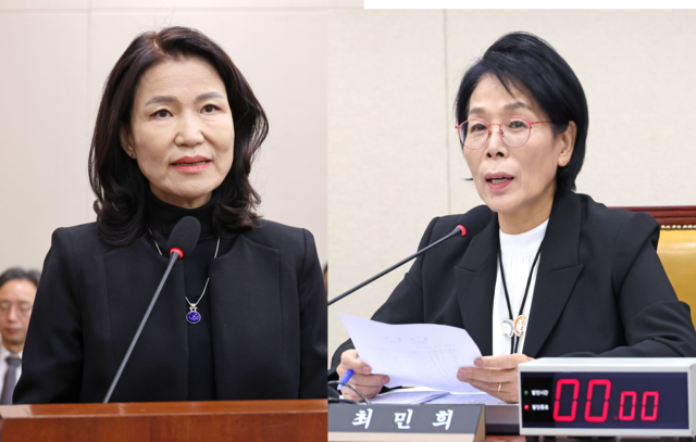 이진숙(왼쪽) 전 방송통신위원회 위원장과 최민희 국회 과학기술정보방송통신위원회 위원장. 연합뉴스