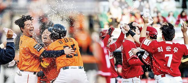 한화 강백호가 지난 28일 프로야구 대전 개막전에서 연장 11회 키움 불펜 유토를 상태로 끝내기 안타를 치자 한화 선수들이 환호하고 있다. 오른쪽은 지난 28일 개막전에서 9회 KIA 조상우의 끝내기 폭투로 승리한 뒤 기뻐하는 SSG 선수들. 한화·SSG 제공