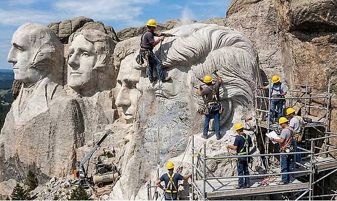 사우스다코다주 러시모어산에 트럼프 대통령으로 추정되는 인물의 얼굴이 조각되고 있는 모습. 영국 데일리메일이 4월 1일 만우절 보도를 위해 합성한 사진이다. 데일리메일 캡처