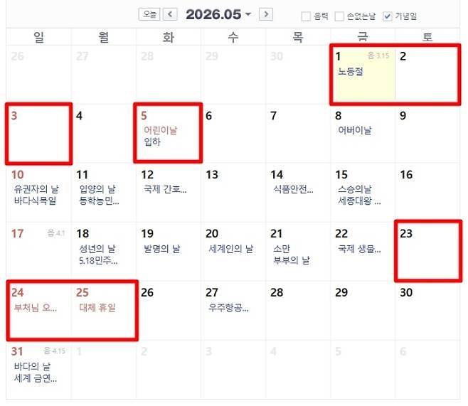 5월 공휴일 및 연휴 현황. 자료 : 네이버 달력