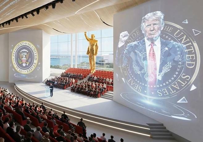 도널드 트럼프 대통령이 자신의 퇴임 후 플로리다주 마이애미에 세울 47층 높이의 대통령 기념 도서관의 조감도를 지난달 30일 트루스소셜에 공개했다. 도서관의 내부에는 오른팔을 치켜든 트럼프 대통령의 대형 금빛 동상이 들어선다. 트럼프 대통령 트루스소셜