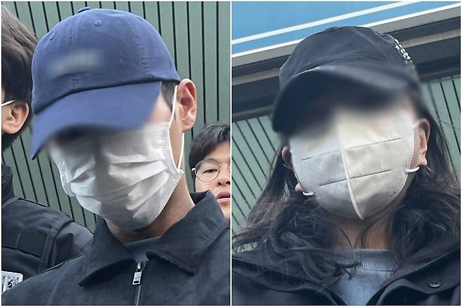 장모를 폭행 살해한 뒤 시신을 유기한 혐의를 받는 사위(왼쪽)와 공범인 딸이 대구지법에서 열린 구속 전 피의자 심문(영장실질심사)에 출석하는 모습. 연합뉴스