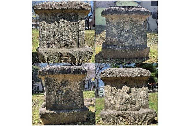 경상북도 유형문화유산 경주 동천동 사방불탑신석. 통일신라 절터에 남은 탑 몸돌로 네 면에 서로 다른 불상이 새겨져 있다. 장성재기자 blowpaper@yeongnam.com