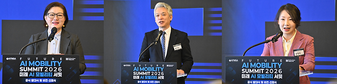 FAMS 2026 조직위의 라란(왼쪽부터) 중국대외협력위원장, 류지웅 인도대외협력위원장, 유명현 인도대외협력부위원장이 글로벌 비즈니스 사절단 보고 세션을 통해 서밋의 글로벌 네트워크 추진 현황을 소개하고 있다. 임세준 기자