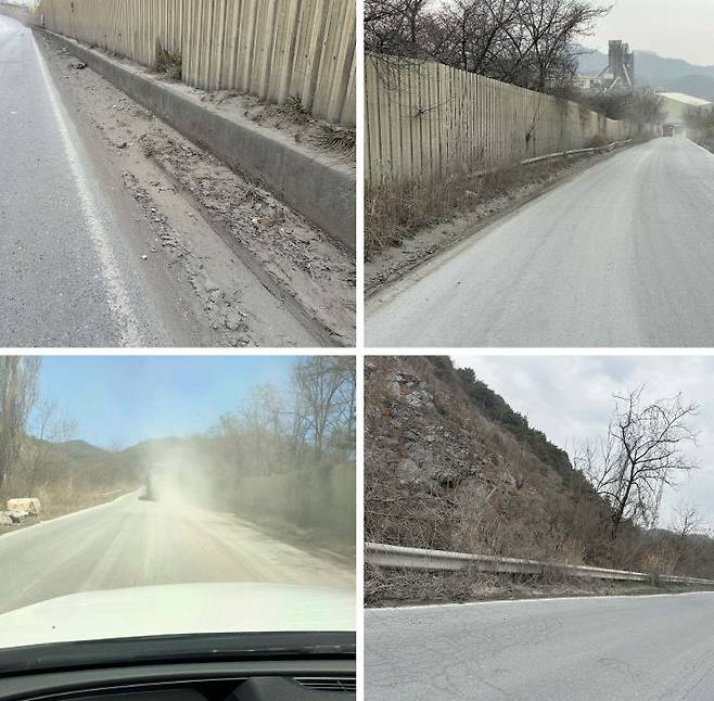 성신양회 단양공장 인근 여천덕천로 도로 가장자리에 석분과 비산먼지가 대량으로 쌓여 축적되어 있으며, 차량이 통행할 때마다 먼지가 심하게 날려 시야 확보가 어려운 상태이다(사진=전종희 기자)