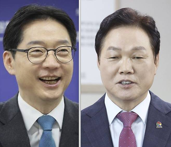 김경수(왼쪽) 전 경남지사와 박완수 현 경남지사. 연합뉴스,