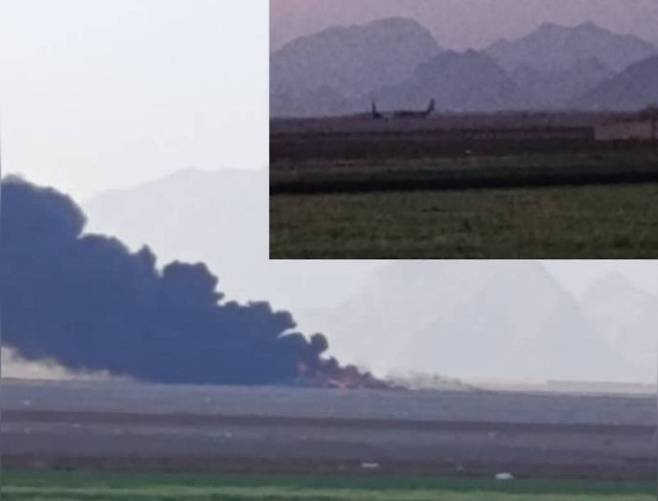 소셜미디어에 공개된 영상 캡처로, 이란 내 원격 기지 인근에서 검은 연기가 치솟는 장면과 활주로에 있는 항공기가 함께 담겨 있다. 뉴욕타임스는 F-15 승무원 구조 작전 뒤 미군이 현장에 남은 수송기 2대를 적 손에 넘어가지 않도록 폭파했다고 보도했다. 프레스TV 엑스(X) 캡처