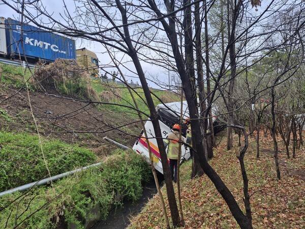 6일 대구 북구 팔달동 금호JC~북대구IC 방향 고속도로 아래로 버스가 추락하는 사고가 나 현장에 출동한 구급대원들이 현장을 수습하고 있다. 대구소방본부 제공