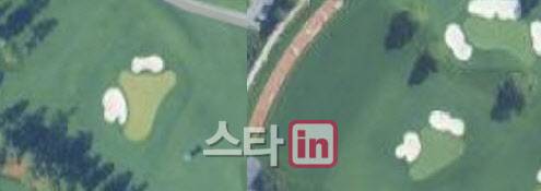 2번홀 그린(왼쪽)과 드라이빙 레인지에 있는 연습 그린의 모양은 같은 형태다. (사진=구글지도)