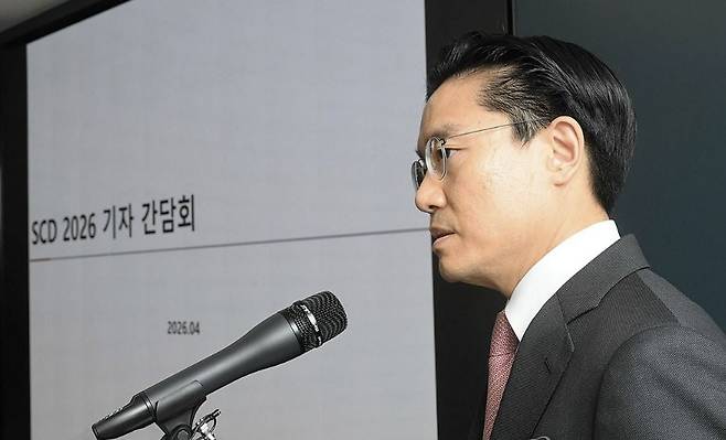 전인석 삼천당제약 대표가 6일 서울 서초구 삼천당제약 본사에서 열린 기자간담회에서 발언하고 있다. 사진=공동취재, 연합뉴스