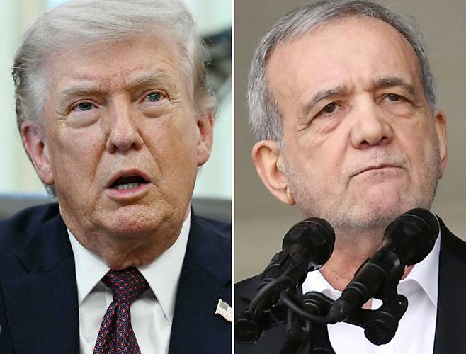 미국 도널드 트럼프 대통령이 2026년 3월 31일 워싱턴 D.C. 백악관 오벌 오피스에서 우편 투표용지에 관한 행정명령 서명식에 연설하고 있다. (왼쪽 사진) REUTERS. 마수드 페제시키안 이란 대통령(오른쪽)