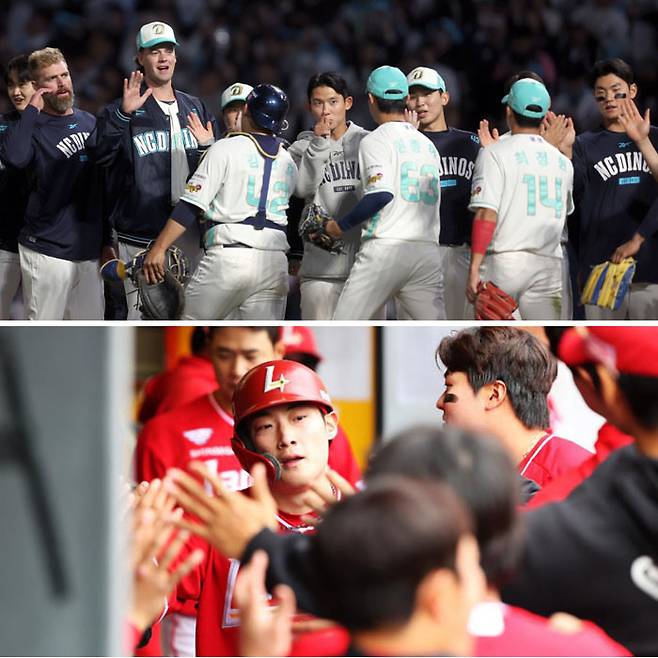 승리를 자축하는 NC 선수들(위 사진)과 타선의 힘을 실으며 초강세를 보이는 SSG 선수들. 연합뉴스·SSG 랜더스 제공