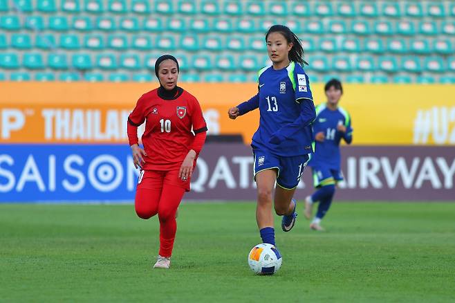 김민서가 요르단과의지난 5일 열린 'AFC U-20 여자 아시안컵' 조별리그 2차전에서 드리블하는 모습. /대한축구협회 제공