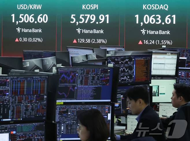 코스피와 코스닥이 동반 상승 출발한 7일 오전 서울 중구 하나은행 딜링룸 현황판에 환율·코스피·코스닥 지수가 표시되고 있다. 2026.4.7 ⓒ 뉴스1 이종수 인턴기자