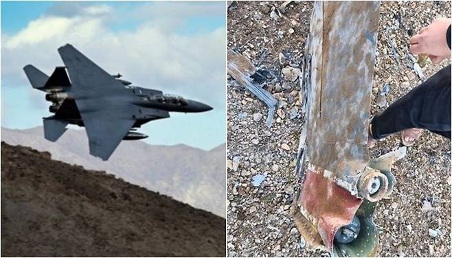 이란이 공개한 격추된 F-15 전투기 잔해 / 로이터=연합뉴스 자료사진.