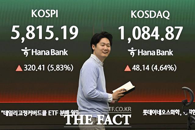 삼천당제약 주가가 변동성을 보이면서 삼천당제약을 주요 종목으로 담았던 코스닥·바이오 액티브 상장지수펀드(ETF)들도 엇갈린 성적표를 받아들었다. 미국과 이란의 휴전 합의에 코스피 지수가 급등하며 매수사이드카가 발동된 8일 오전 서울 중구 하나은행 본점 딜링룸에 원·달러 환율과 코스피, 코스닥 지수가 표시돼 있다. /송호영 기자