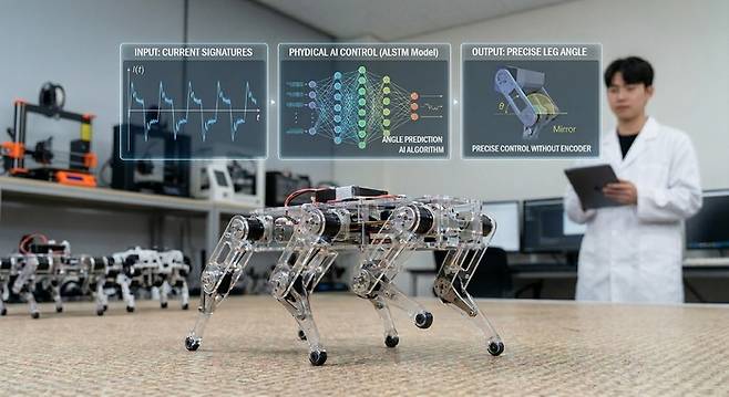 숭실대 배원규 교수 연구팀이 고가의 각도 센서(엔코더) 없이 AI를 활용해 다족 보행 로봇을 정밀 제어하는 기술을 구현한 모습. 사진=숭실대