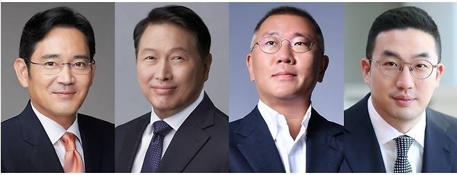 이재용 삼성전자 회장, 최태원 SK그룹 회장, 정의선 현대차그룹 회장, 구광모 LG그룹 회장. 사진=각사