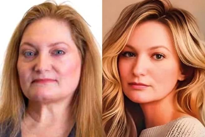 패트리샤 라이히만 실물(왼쪽)과 보정된 홍보용 사진(오른쪽) / 사진=엑스 캡처