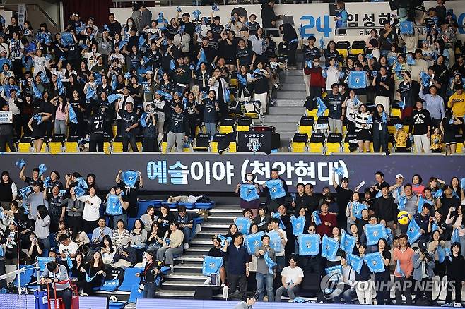 '운명의 4차전' (천안=연합뉴스) 이주형 기자 = 8일 천안 유관순체육관에서 열린 프로배구 챔피언결정전 4차전 현대캐피탈과 대한항공의 경기. 현대캐피탈이 2세트도 이기자 팬들이 열광하고 있다. 2026.4.8 coolee@yna.co.kr