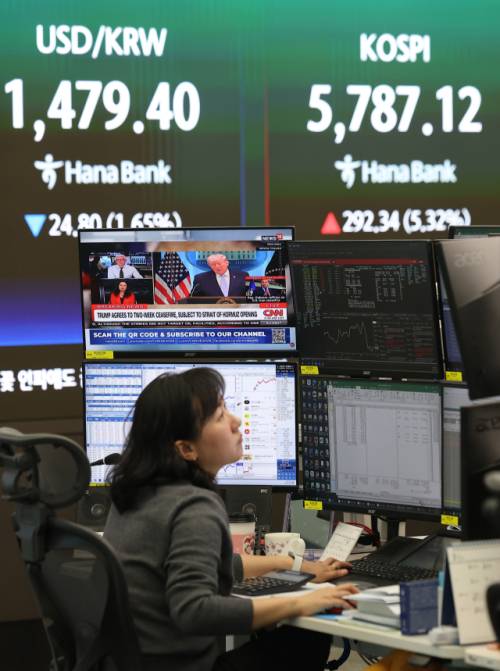 미국과 이란이 2주간 휴전에 사실상 합의한 8일 서울 중구 하나은행 본점 딜링룸에 도널드 트럼프 미국 대통령 관련 뉴스와 원/달러 환율, 코스피가 표시되고 있다. 연합뉴스
