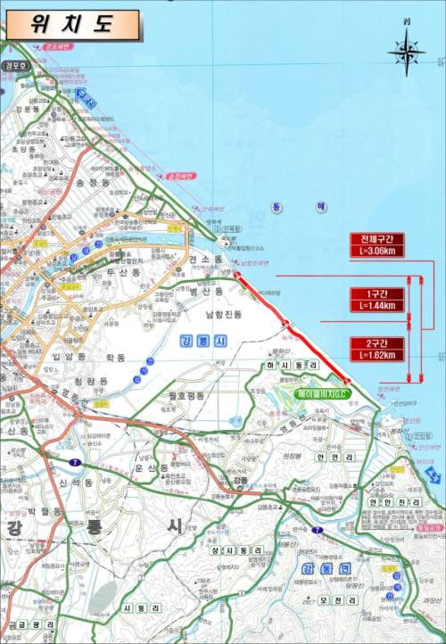 강릉시민들의 70년 숙원사업이었던 강릉 남항진~안인진 해안도로 조성사업이 이달부터 본격 착공에 들어갔다. 사진은 해안도로 위치도