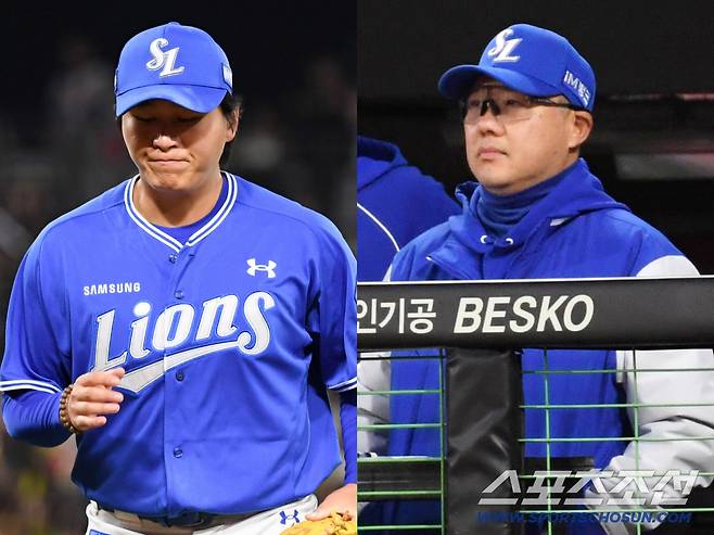 8일 광주 기아챔피언스필드에서 열린 KIA와 삼성의 경기. 삼성 이승현과 박진만 감독이 생각에 잠겨 있다. 광주=박재만 기자 pjm@sportschosun.com/2026.04.08/