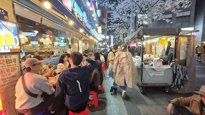 지난 3일 오후 8시 30분쯤 서울 종로3가 야장거리에서 벚꽃 아래 무허가 야장 테이블까지 설치되며 노점상과 야장 사이 인도가 좁아진 가운데, 시민들이 야외 테이블에 앉아 식사를 하거나 노점을 둘러보며 혼잡한 모습을 보이고 있다. /윤성우 기자
