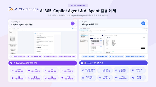 Ai 365 Copilot Agent & AI Agent 화면 예제 및 활용 예시 (엠클라우드브리지 제공)