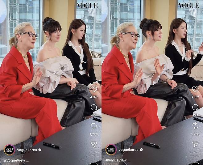 왼쪽부터 메릴 스트립, 앤 해서웨이, 장원영. 보그코리아 인스타그램 캡처