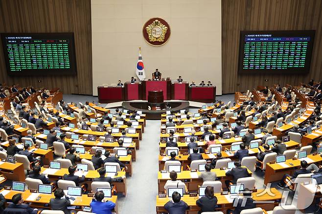 10일 서울 여의도 국회에서 열린 제434회국회(임시회) 3차 본회의에서 2026년도 제1회 추가경정예산안(정부)이 가결되고 있다. 2026.4.10 ⓒ 뉴스1 신웅수 기자