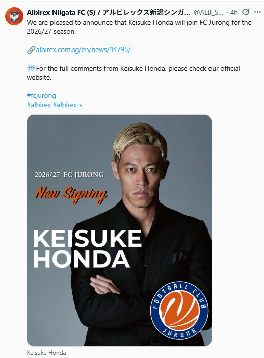 혼다 영입을 발표한 FC주롱. / 사진=연합뉴스